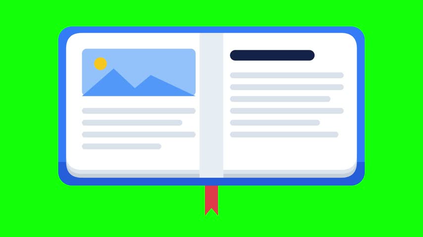 Vector illustration of an open blue book with mountain artwork and text lines on a bright green background.