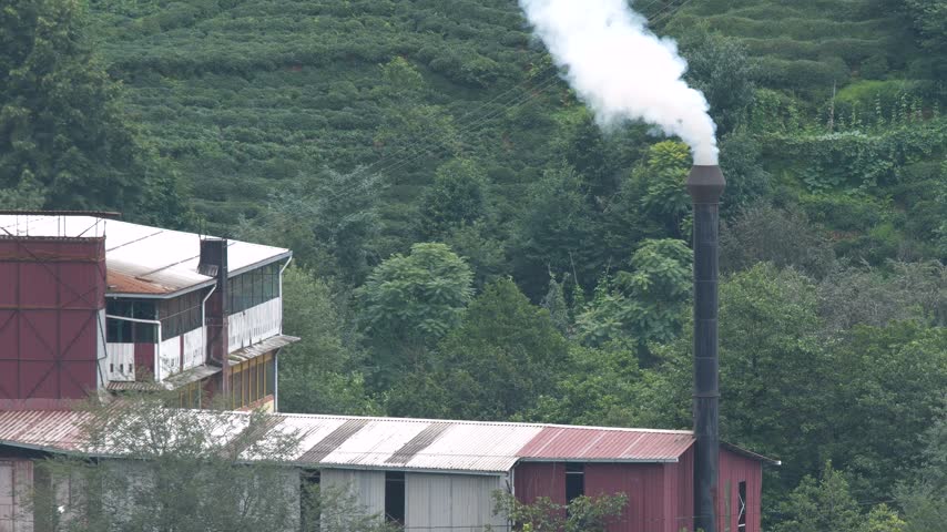 Footage of toxic waste and smoke coming out of the chimneys of industrial facilities and polluting the environment.