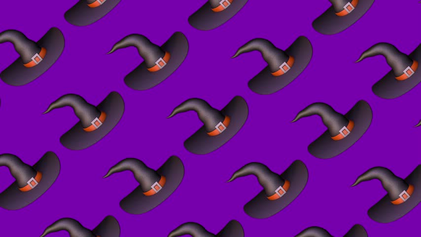 Black witch hats with orange bands and square buckles move in a repeating pattern on a purple background. Playful Halloween design for seasonal greetings and costume party visuals. 3D animation