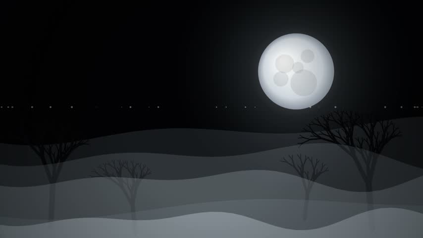 A serene night landscape featuring a bright full moon over rolling hills and silhouette trees under a starlit sky.