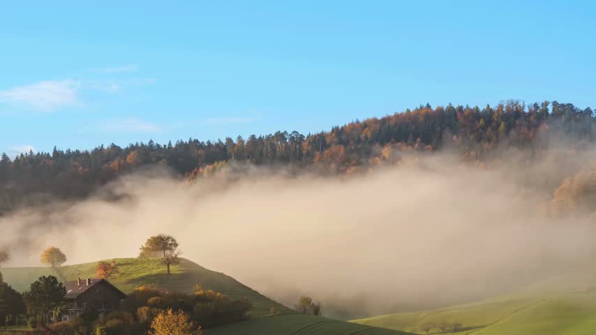 Dense morning mist rolling over green hills and autumn forest landscape with small rural house nestled in valley under bright clear blue sky during calm sunlight
