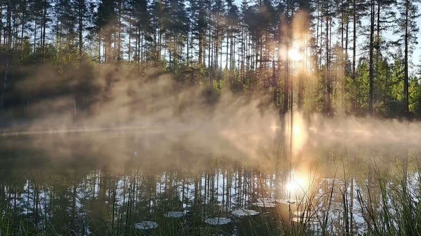 Golden morning sun rays filter through pine trees onto calm lake surface with swirling mist rising from water surrounded by lush forest greenery in quiet wilderness during peaceful early dawn hour