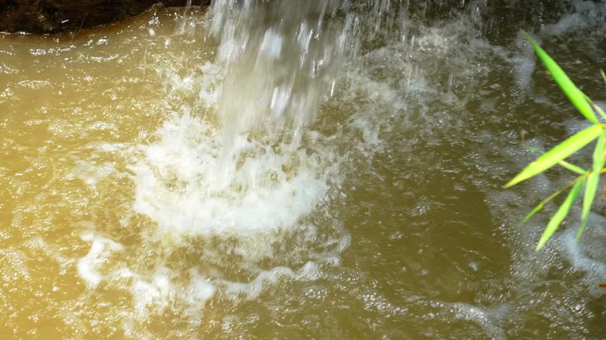 Tranquil close-up of a small natural waterfall flowing into a pond with lush green bamboo leaves, featuring water splashes and bubbles in a peaceful outdoor garden or forest environment.