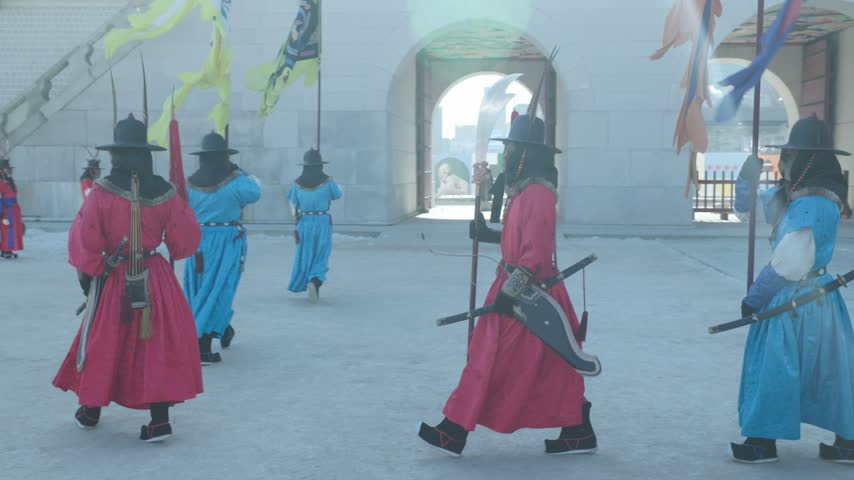 Royal Guard Changing Ceremony at Gyeongbokgung Palace In Seoul, South Korea. Slow-motion shot