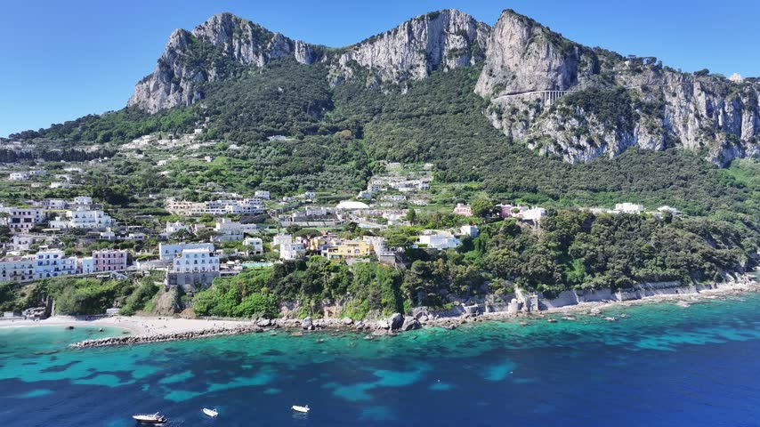 Island Of Capri At Naples In Campania Italy. Coastal City. Waterfront Landscape. Island Of Capri At Naples In Campania Italy. Beach Scenery. Medieval Buildings. Capri Skyline.