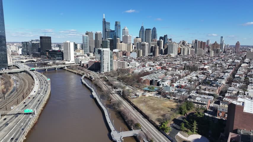 Downtown Philadelphia At Philadelphia In Pennsylvania United States. Schuylkill River Park Landscape. Downtown District. Downtown Philadelphia At Pennsylvania United States. Highrise Buildings.