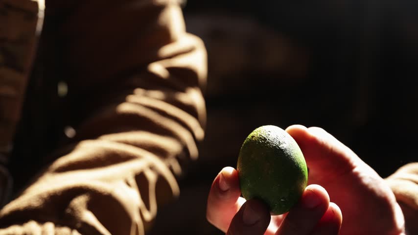Close-up of two soldiers in a trench tapping green painted Easter eggs together in a traditional egg-cracking game.