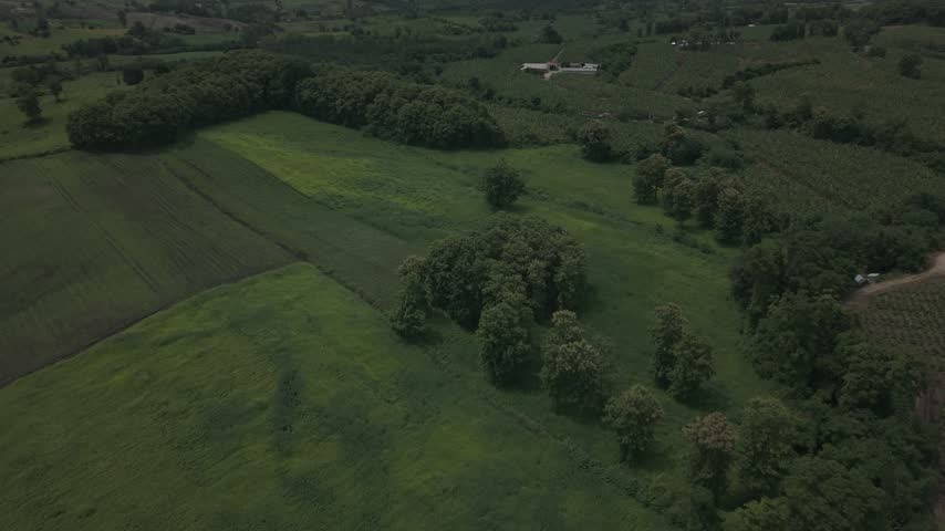 Peaceful aerial view of rural farmland and a hillside village under heavy monsoon clouds.