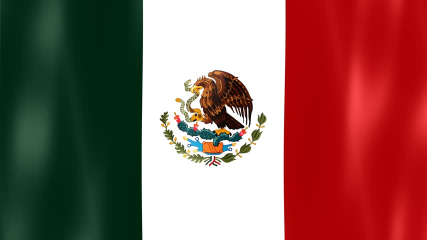 Green, White, Red Vertical Tricolor Flag Of Mexico With Golden Eagle Crest, Coat Of Arms, And Text