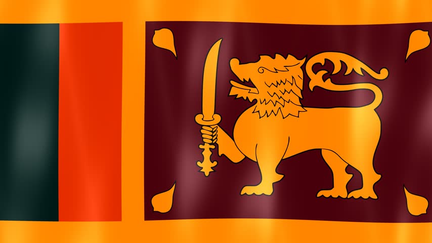 Golden Lion Holding Sword Emblem National Flag Of Sri Lanka Displaying Orange Green Stripes And Text.