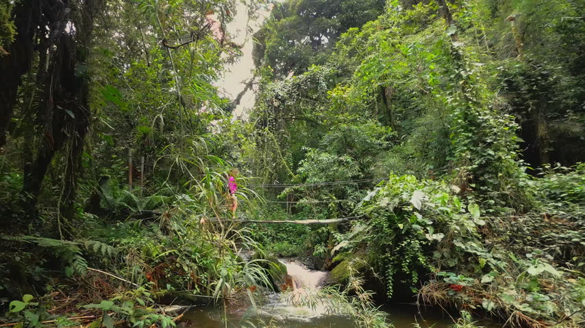 A woman crosses a narrow suspension bridge above a rocky river, surrounded by dense forest in Colombia
