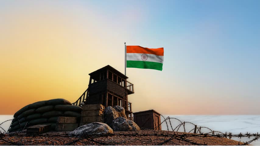Indian Military Outpost with Waving National Flag and Watchtower