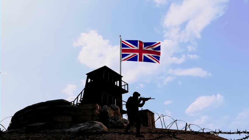UK Military Base with Soldier Silhouette and Waving Union Jack Flag
