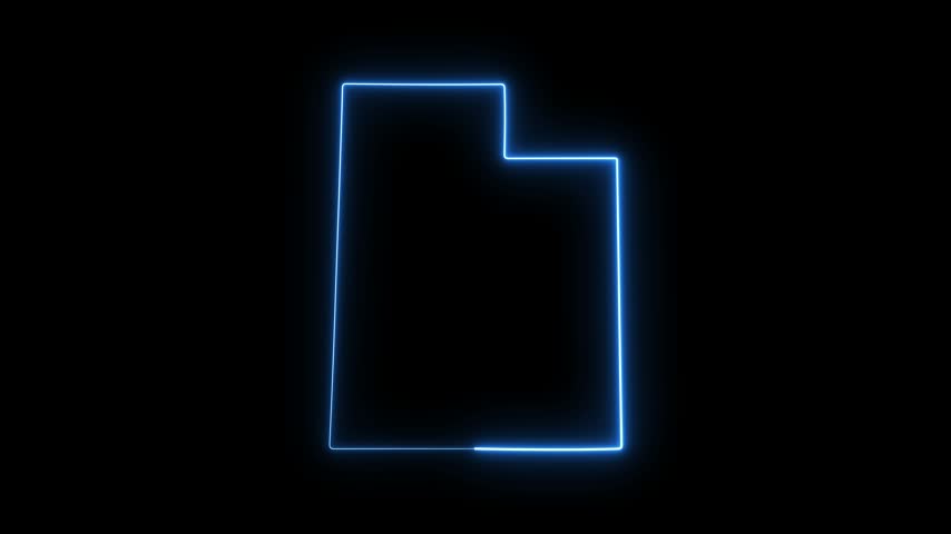 Glowing neon outline map of utah state, animated blue light border on black background