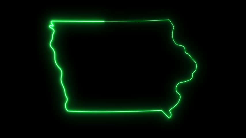 Glowing neon outline of iowa state map, pulsing green digital border on black background