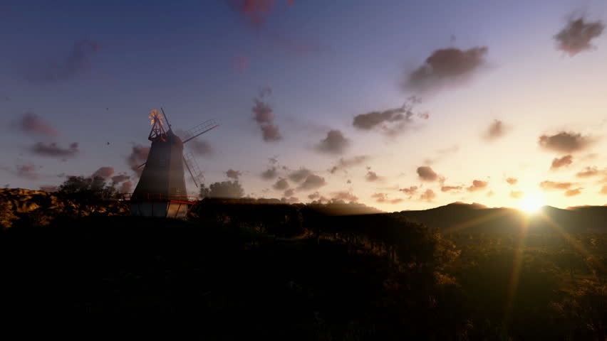 Wind Mill and timelapse clouds, panning