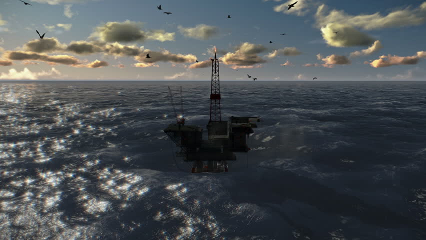 Oil Rig in stormy ocean, cam fly