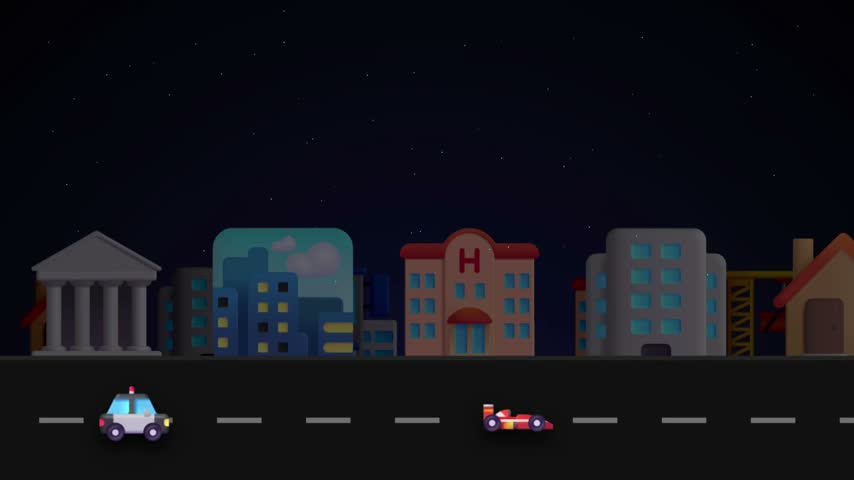 Cartoon city skyline at night with police and race cars on road