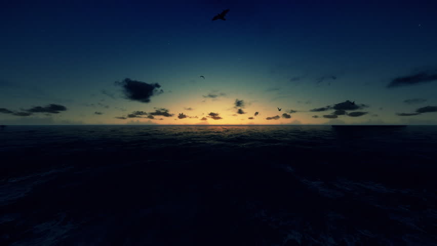 Flight across ocean, time lapse sunrise