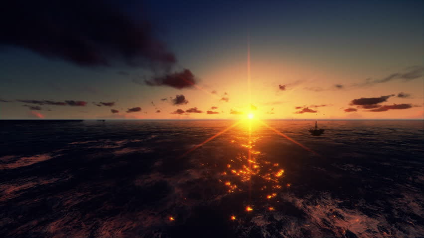 Oil Rig in ocean at sunrise, flight across
