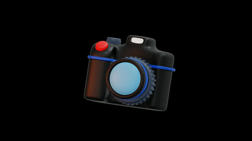 3D DSLR camera icon with a rotating loop motion and alpha channel for transparent background integration.