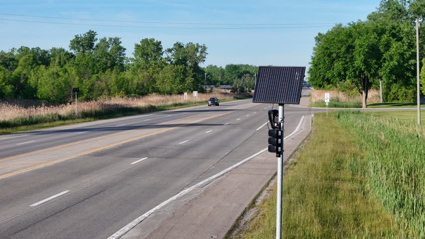 Footage shows solar powered radar speed sign standing on shoulder of rural road tracking passing black car during bright morning sunlight cinematic landscape background.