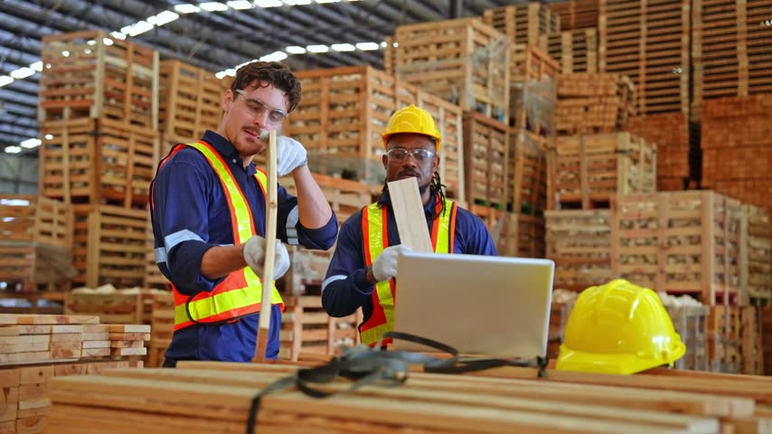 Two industrial workers in safety gear inspect wooden boards and discuss materials beside a laptop inside a large lumber warehouse.