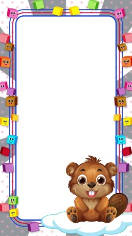Cute cartoon beaver sitting on a cloud with a colorful looping border and copy space.