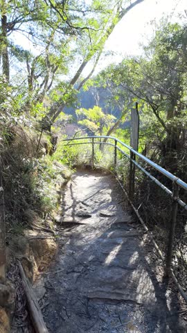 First-person perspective walking down a stone hiking trail at Wentworth Falls, Blue Mountains National Park.