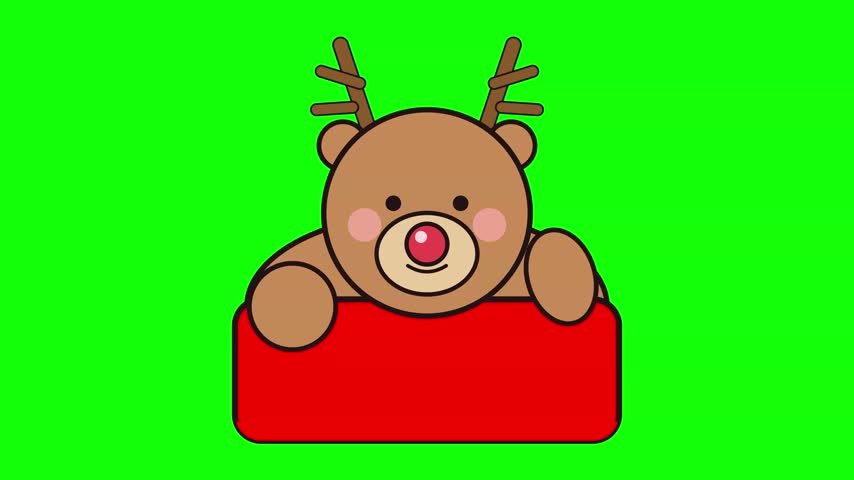 Cute Brown Cartoon Reindeer Holding a Red Christmas Sign Isolated on a Bright Green Background for Holiday Seasonal Design