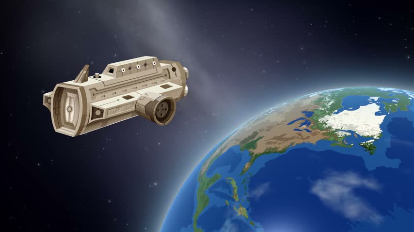 A stylized cargo spaceship floats in orbit above a rotating Earth with the moon appearing.