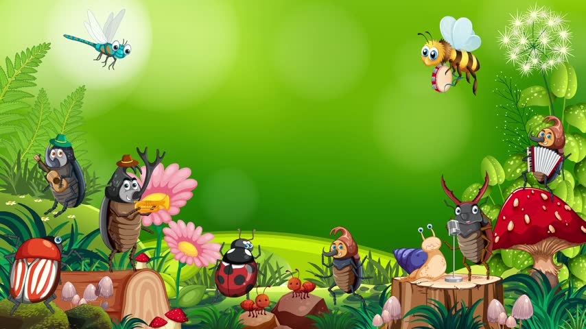Animated cartoon insects play musical instruments along a lush green meadow backdrop with flowers.