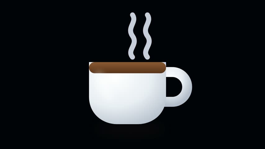 A white coffee cup releases animated steam on a black background. Seamless 3D beverage icon for cafe, breakfast, refreshment, and relaxation.
