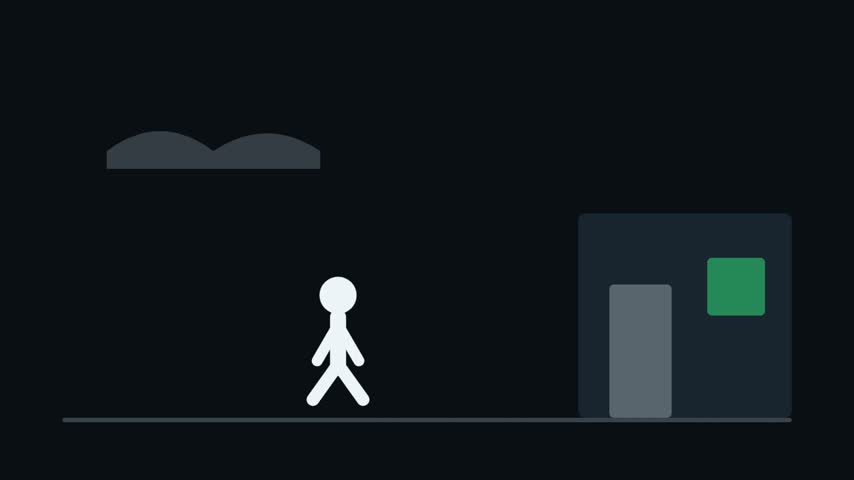 A person walks toward a marked building exit during an emergency. Clear evacuation animation for offices, malls, hospitals, theatres, and public safety education.