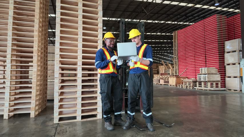 Two industrial workers in safety gear review information on a laptop inside a large wooden pallet factory or warehouse.