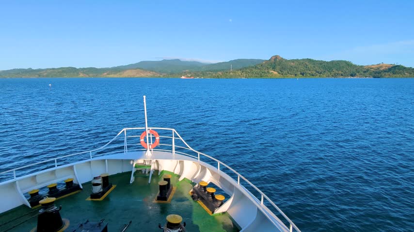 Ferry bow traveling within Lomaiviti Archipelago from Levuka Town on Ovalau Island to Viti Levu in Fiji, South Pacific
