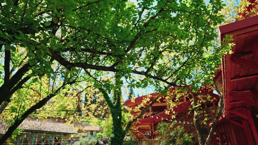Fresh spring leaves arch over the courtyard of a Georgian wine estate, with red timber galleries and a painted stone wall.