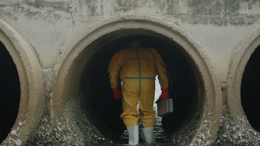 Person in yellow hazmat suit walks through sewage pipe. Water surrounds feet, reflecting dim light. Concrete rings frame dark, murky tunnel