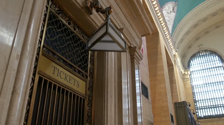 New York City Grand Central Terminal on 42 street, United States. Architecture details inside railway building. Public passenger transportation in NYC, Manhattan Midtown. Railroad station interior.