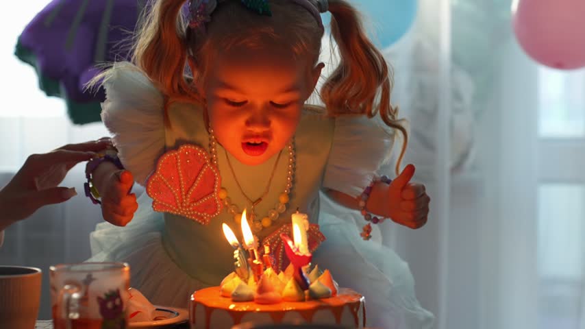 4-year-old girl blowing out candles on her birthday cake