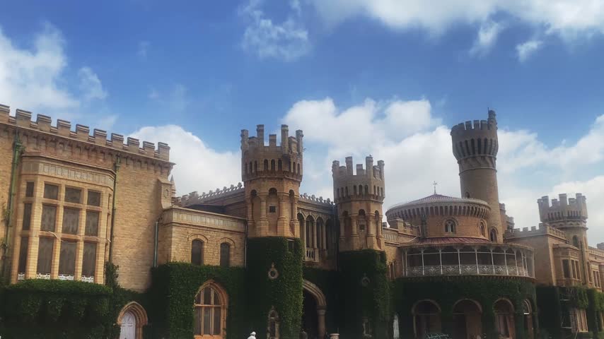 Video of Bangalore Palace in Bengaluru, Karnataka, India, showcasing its distinctive Tudor-style architecture, ornate towers, historic facade, and grand royal heritage.
