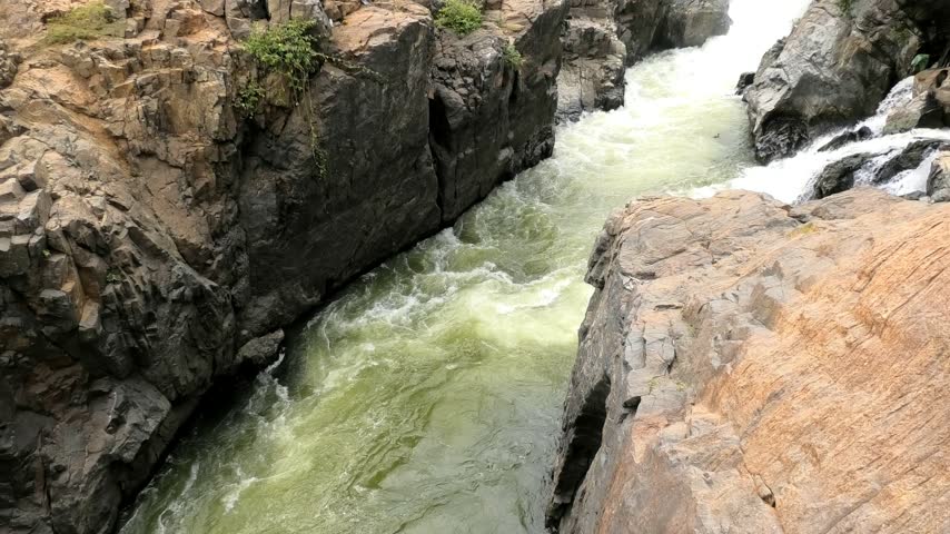 The massive waterfalls and rocky landscapes at Hogenakkal, Tamil Nadu, India.