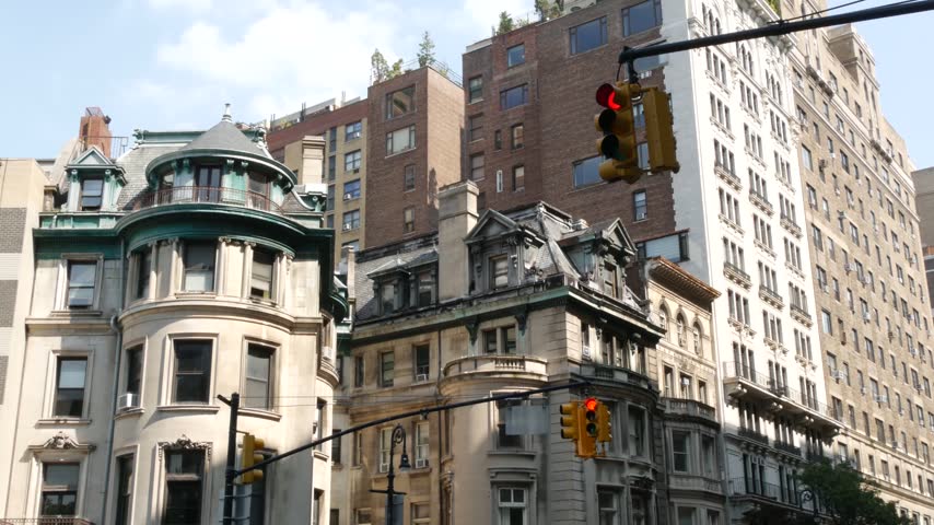 New York City urban buildings architecture in residential district, Manhattan Upper West Side 72 street, United States of America. Old historic house in USA. Classic corner near Riverside park.