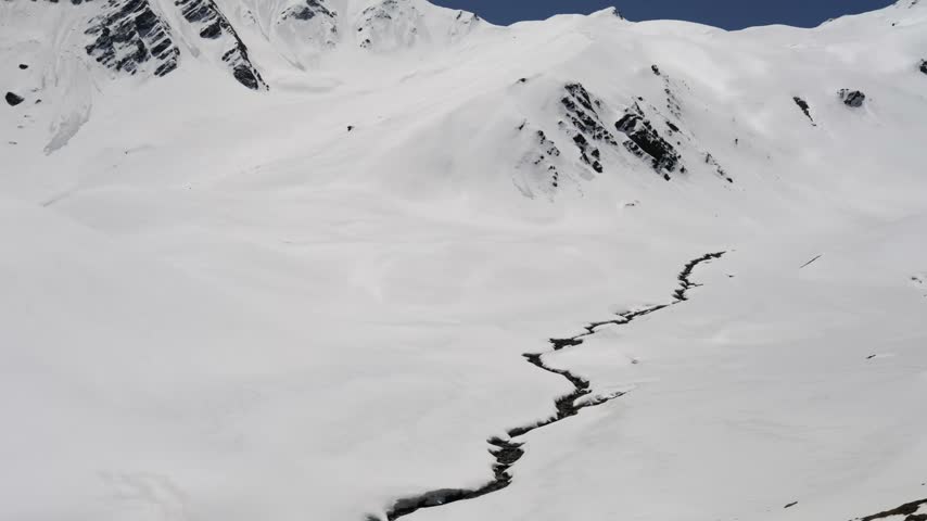 Narrow Mountain Stream Flowing Through A Vast Snow Covered Himalayan Landscape