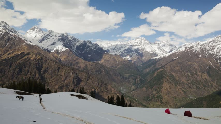 Himalayan Mountain Range With Snow Covered Peaks And Winter Trekking Camps