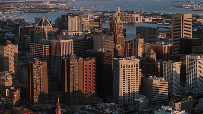 Aerial view of Downtown Baltimore at sunset