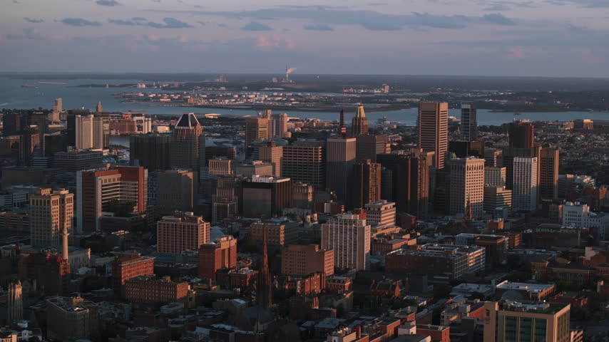 Establishing shot of Baltimore, Maryland at sunset