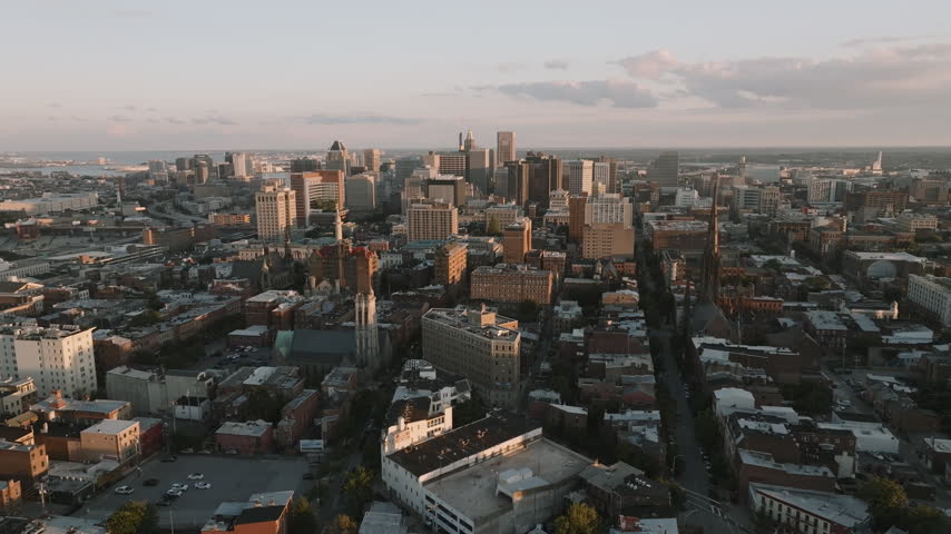 Establishing shot of Baltimore, Maryland at sunset