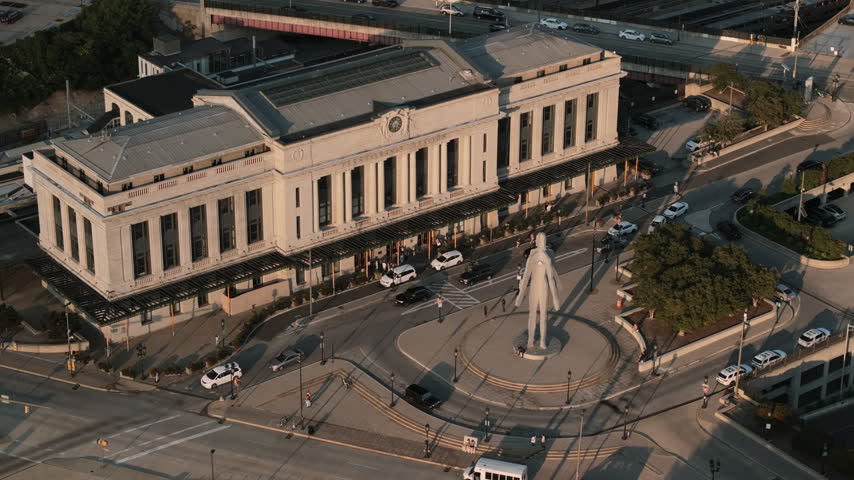 Establishing shot of Baltimore Penn Station at sunset. Shot on a summer day