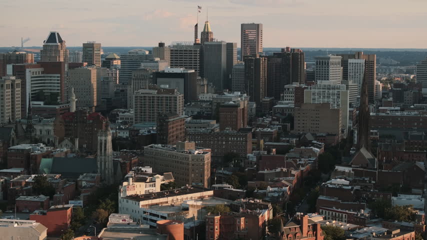 Aerial view of Downtown Baltimore at sunset